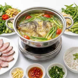 Lẩu hành hoa đầu cá chép giòn
